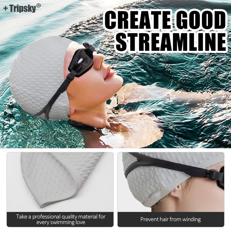 Tripsky Silicone Swim Cap,Comfortable Bathing Cap Ideal for Curly Short Medium Long Hair, Swimming Cap for Women and Men, Shower Caps Keep Hairstyle Unchanged (Gray) - Image 5